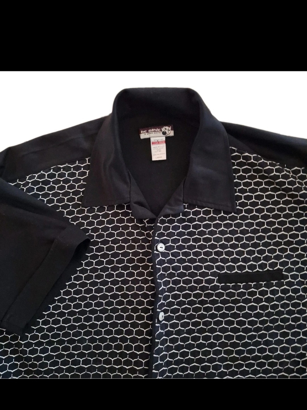 Vtg 90s BC Ethic Shirt Mens L Honeycomb Geometric Camp Club Rockabilly USA